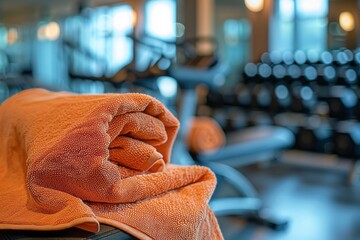 Close up of orange towel on bench in fitness club. Sport and healthy lifestyle concept
