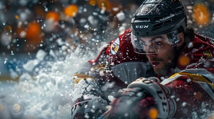 An intense gaze from a hockey player focuses through a snow-splattered visor, encapsulating the determination and toughness of the sport. - obrazy, fototapety, plakaty