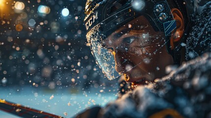 An intense gaze from a hockey player focuses through a snow-splattered visor, encapsulating the determination and toughness of the sport. - obrazy, fototapety, plakaty