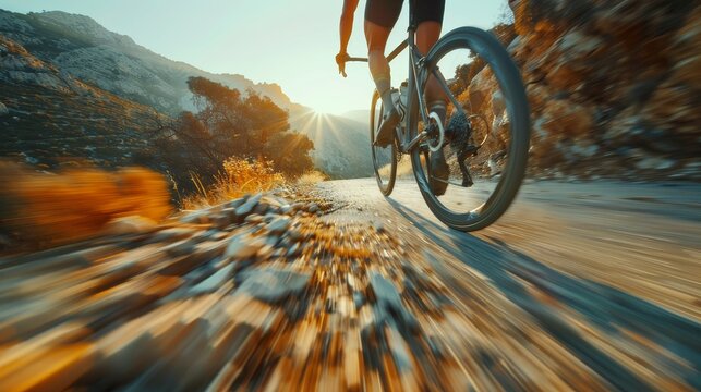 Experience the thrill of mountain biking as captured in this dynamic image of a cyclist speeding downhill on a rugged trail, enveloped by the warmth of a sunset.