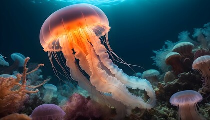 Fototapeta na wymiar A Jellyfish In A Sea Of Glowing Marine Organisms Upscaled 2 2