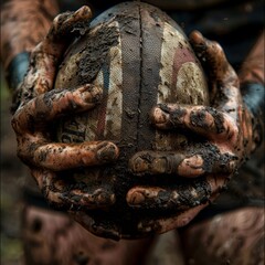 The gritty reality of rugby is portrayed in this close-up of a mud-covered ball, firmly gripped by a player in the middle of a game.