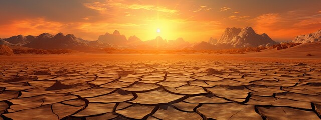 Cracked desert ground and rocky landscape at sunset. Generative Ai
