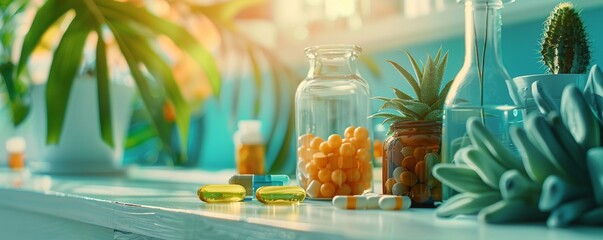 Bathed in sunlight, an array of dietary supplements, vitamins, and natural remedies are displayed alongside lush green plants. - obrazy, fototapety, plakaty