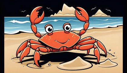 A Playful Cartoon Crab Scuttling Along The Sandy B Upscaled - obrazy, fototapety, plakaty