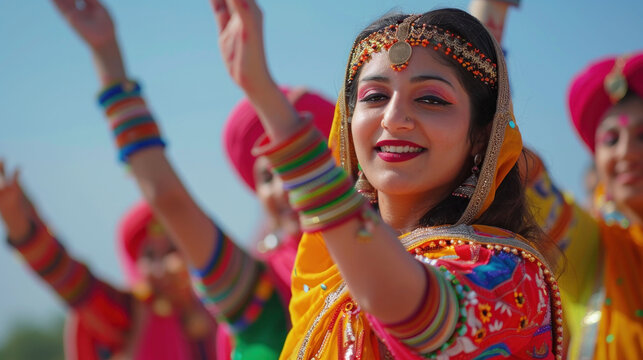 girls dancing folk dance in traditional Indian outfits performing energetic Bhangra dance, on Baisakhi holiday