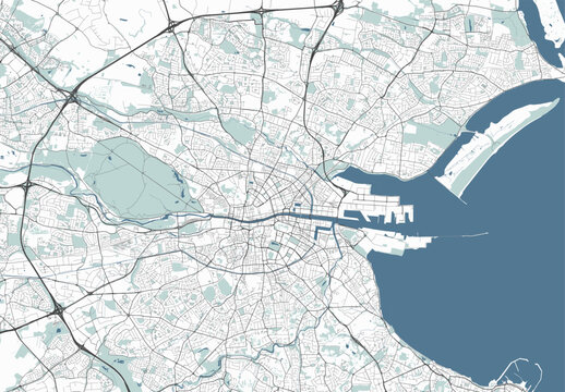 Map of Dublin, Ireland. Detailed city map, metropolitan area.