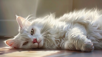 White Angora Cat Lying On Floor, Banner Image For Website, Background, Desktop Wallpaper - obrazy, fototapety, plakaty