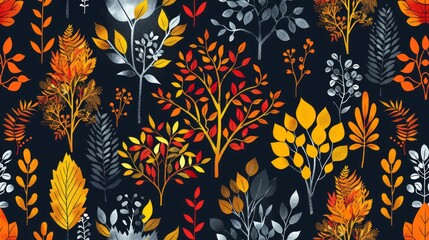 Abstract seamless pattern with autumn forest. Trees, bushes, grass, foliage