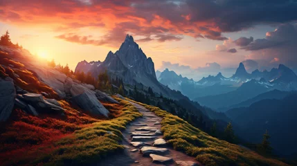 Fotobehang Mistige ochtendstond Landscape mountain sunrise background adventure summer
