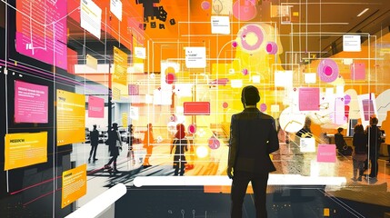 A digital interface displaying a business innovation lab with prototypes and design thinking processes