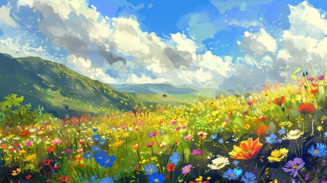 A vibrant spring meadow filled with colorful wildflowers, digital painting