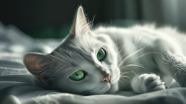 White Cat Green Eyes Laying, Banner Image For Website, Background, Desktop Wallpaper
