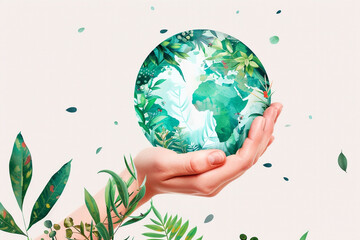 hands holding green earth glass sphere on white background