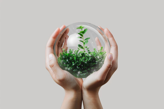 hands holding green earth glass sphere on grey background