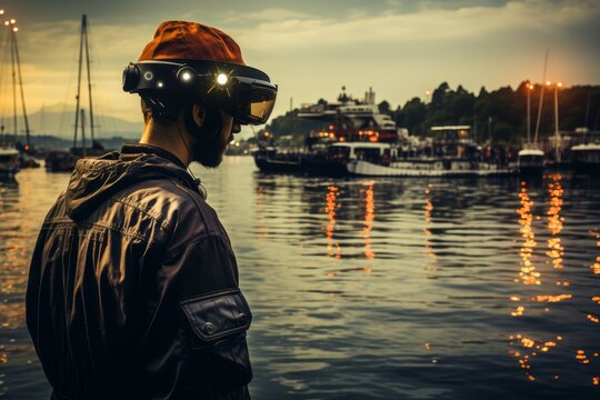 a futuristic scene featuring a person utilizing augmented reality to interact with a complex interface, set against the backdrop of a bustling shipping port