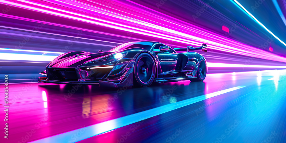 Wall mural speeding sports car on neon highway. powerful speed