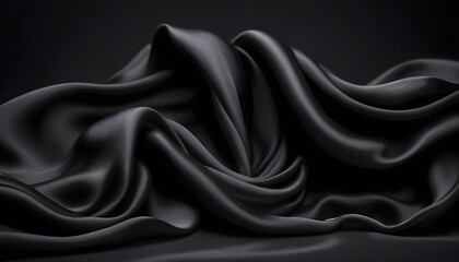 Fototapeta premium Black wavy silk drapery curtains falling off on a dark velvet studio background