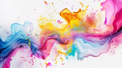 Abstract liquid color explosion with curved waves and paint drops on white, digital art - obrazy, fototapety, plakaty