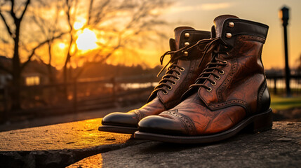 Leather boots exposed to the afternoon sun at sunset . - obrazy, fototapety, plakaty