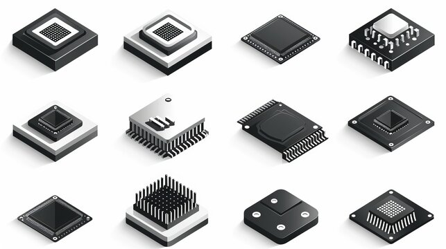 Vector black CPU microprocessor and chips icons set. Electronic chip icons on white background
