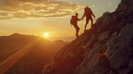 Hiker helping friend up a mountain