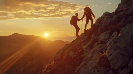 Fototapeta premium Hiker helping friend up a mountain
