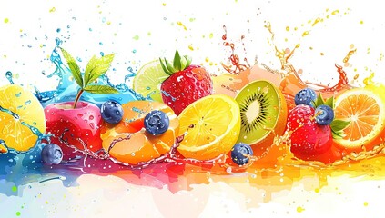 vibrant splash of fruit juice surrounded by blueberries, strawberries and oranges on white background