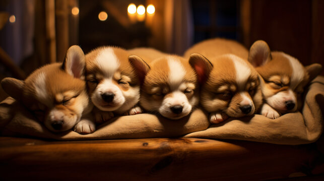 Litter of corgi puppies newborns sweet sleeping 