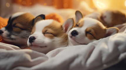 Litter of corgi puppies newborns sweet sleeping cute a - obrazy, fototapety, plakaty