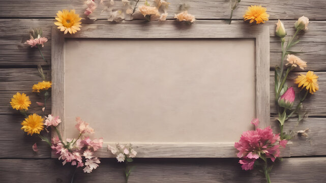 Fresh flowers with Frame on wooden background with with empty space for greeting message.  Love and greeting concept design. AI generated image, ai