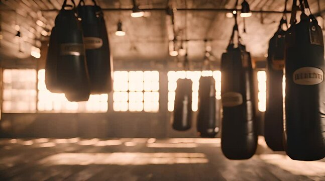 A dimly lit boxing gym with worn punching bags hanging from the cobweb-covered ceiling