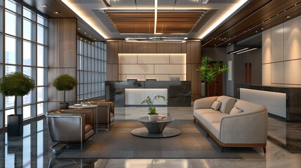 A modern office lobby with contemporary furniture and decor, ideal for adding a stylish and welcoming atmosphere to designs. --ar 16:9 --v 6.0 --style raw