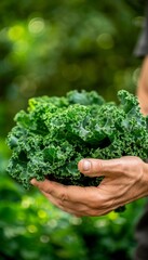 Fototapeta na wymiar Healthy hand holding fresh kale with kale selection on blurred background, copy space available