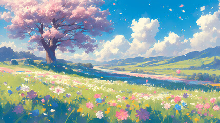Beautiful spring landscape; Blossomed flowers and cherry trees in the meadow at the foot of the hill; Sky full of clouds
