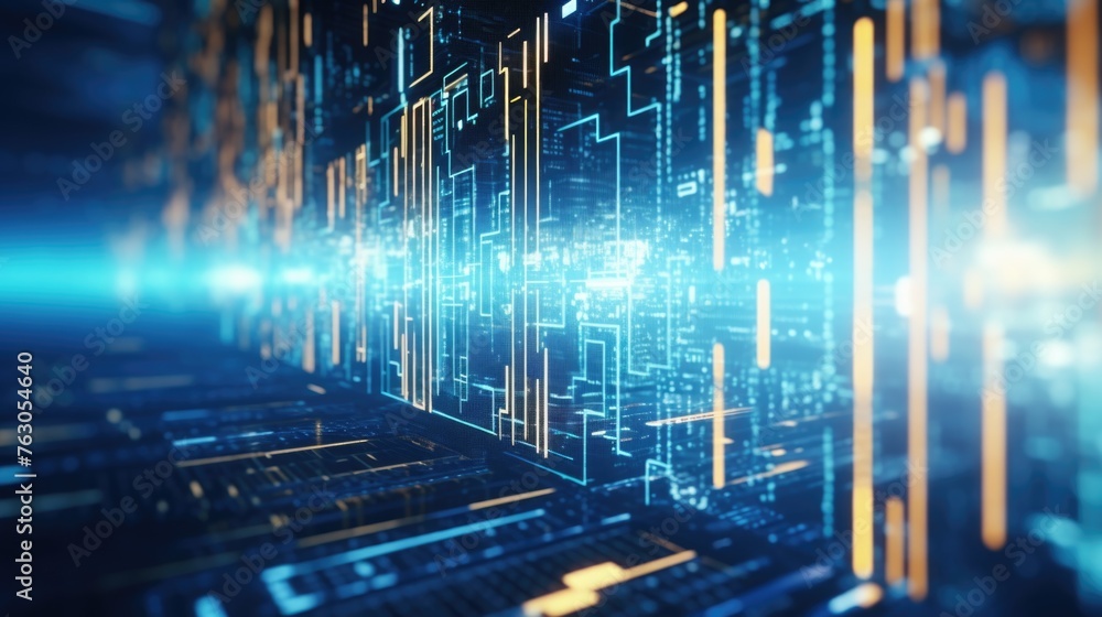Poster computer screen with blue and yellow lines, ideal for technology concepts