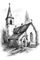 Detailed drawing of a church, suitable for various projects