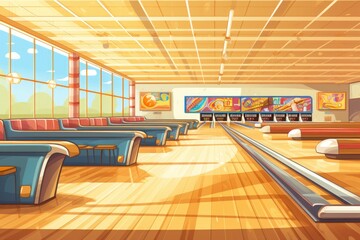 A bowling alley with lanes and balls, suitable for sports and leisure concepts