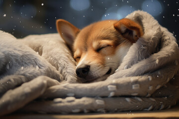 Dog sleeping in warm blanket in winter season