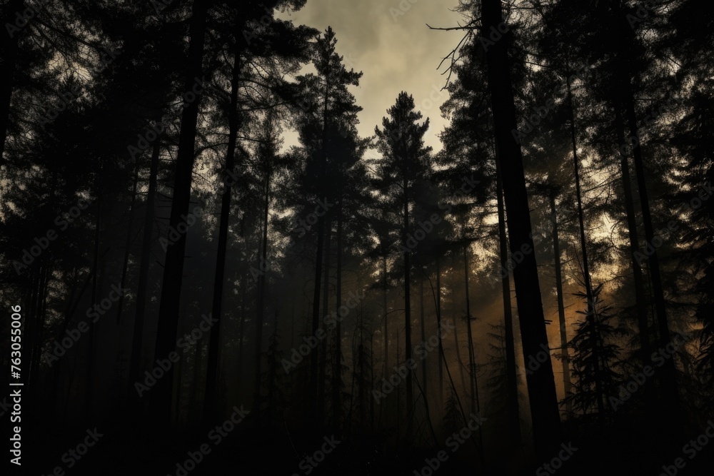 Poster Sunlight filtering through dense trees in a dark forest. Perfect for nature and landscape themes