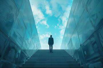 Businessman walking up to top of building