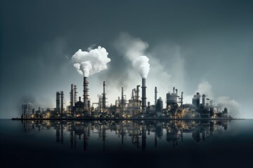 Smoke billows from stacks at a refinery, mirrored on water surface, conveying the theme of industrial pollution. Industrial Impact: Refinery Emitting Smoke