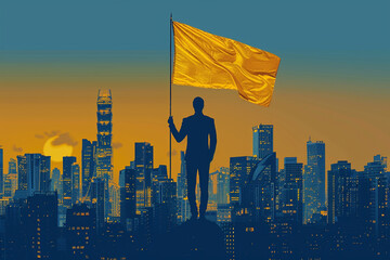 Businessman standing on top of building with yellow flag