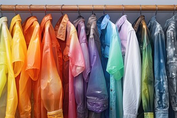 A rack of vibrant raincoats hanging neatly on a wall. Perfect for fashion or outdoor wear concepts