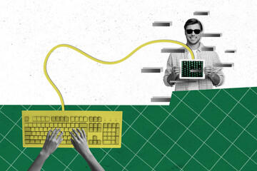 Creative drawing collage picture of software computer develop java language digital script bizarre...