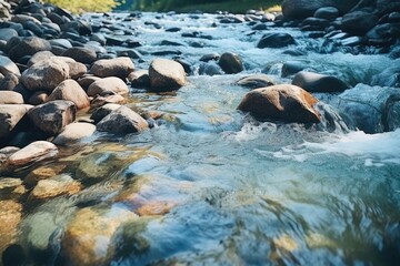 Obraz premium A serene stream flowing through a forest, perfect for nature backgrounds or environmental themes