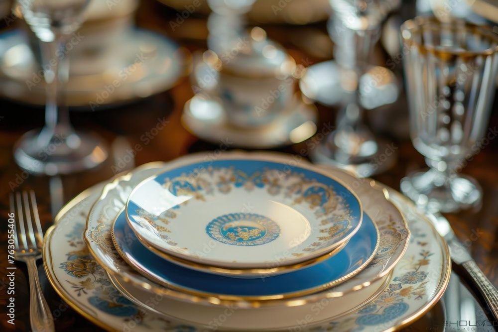 Poster a detailed view of plates and silverware on a table. perfect for restaurant menus or event planning