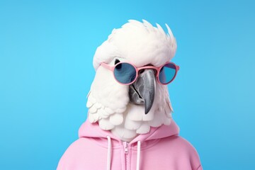 A stylish white parrot wearing pink glasses and a matching hoodie. Perfect for fashion or animal themed designs