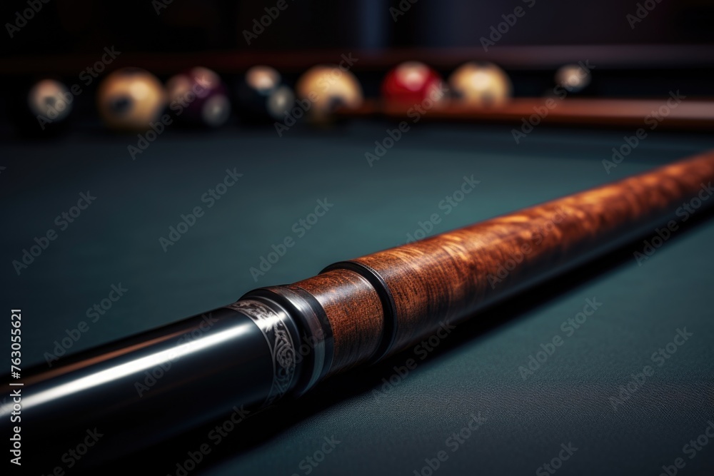 Poster A pool table with a pool cue. Perfect for sports and leisure concepts