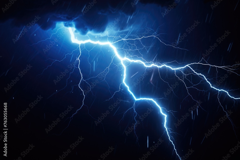 Poster powerful lightning bolt striking through a dark sky. suitable for weather and natural disaster conce